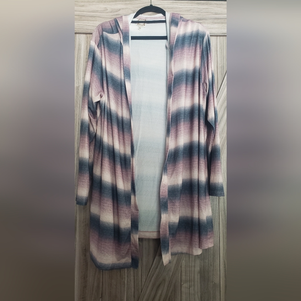 TRU SELF Striped Pink and Blue Open Cardigan with Hood